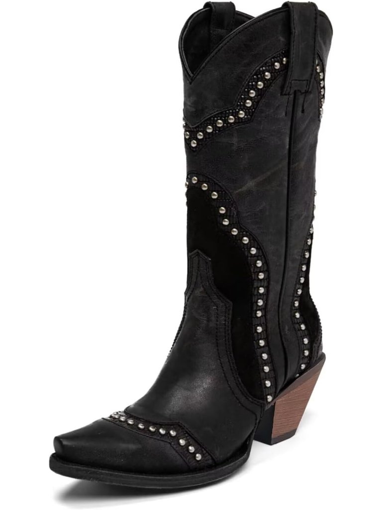 Women's Black Cowgirl Ladies Mid Calf Boots Classic Studded Pointed Toe Boots